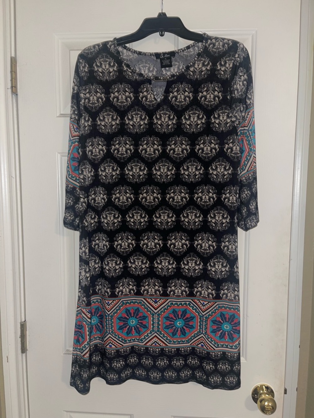 Love Black Midi Dress with Teal & Coral Border